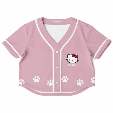 Pink cat rave cropped baseball jersey with a cute cat graphic and paw prints