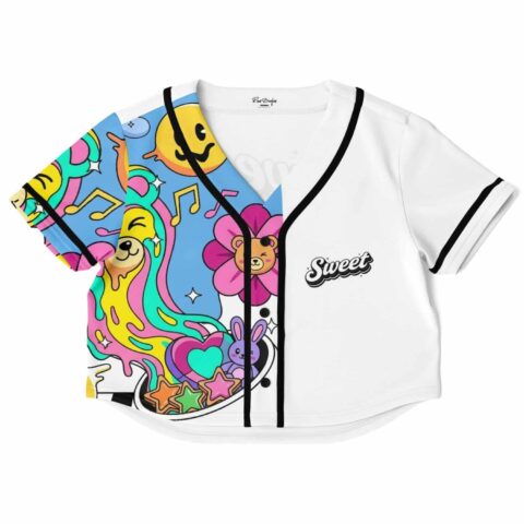 Colorful rave cropped baseball jersey with playful graphics and a cheerful design