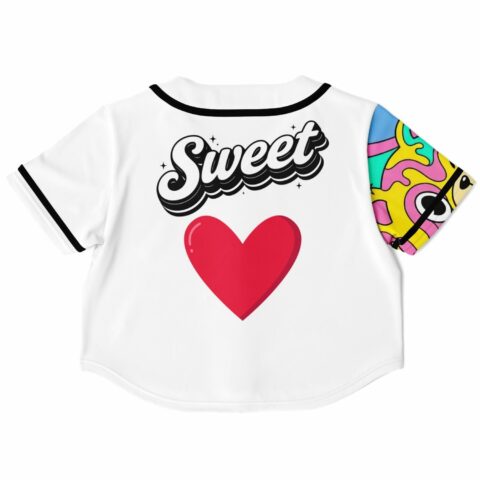 Back view of the rave cropped baseball jersey with a bold heart graphic