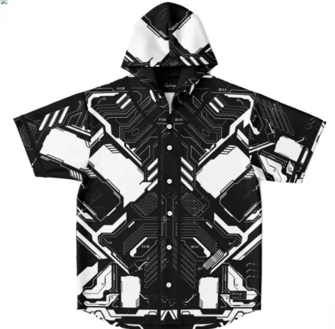 Cyber circuit hooded jersey front view with button placket and angular white paneling