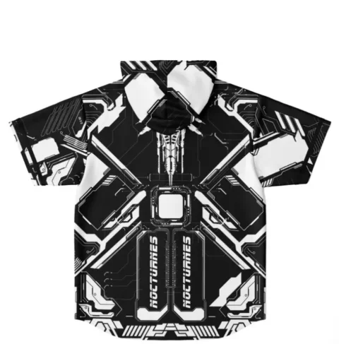 Black cyber circuit jersey back view with white geometric panels and vertical printed text