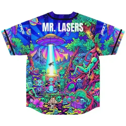 GRiZ fan psychedelic alien forest rave baseball jersey with UFO beam and custom name lettering, back view laid flat