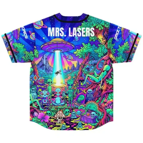 GRiZ fan rave baseball jersey back view — neon psychedelic alien forest with a UFO beam and custom name text
