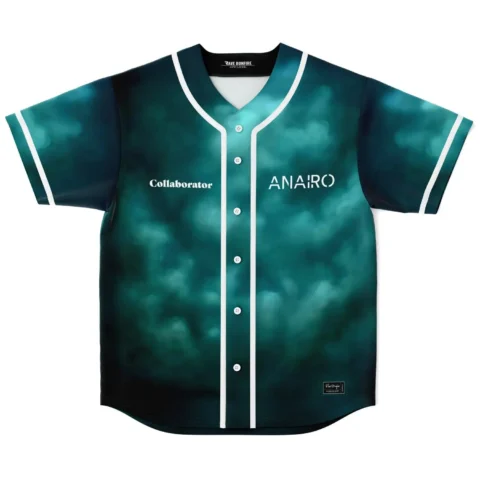Front view teal smoky cloud jersey with white trim, buttons, “Collaborator” and “ANAIRO” text