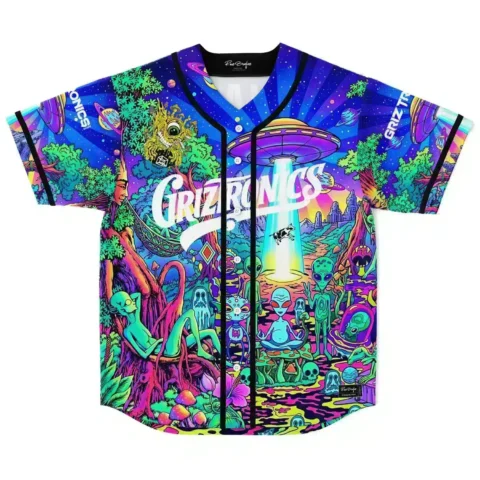 GRiZ fan psychedelic alien forest rave baseball jersey with UFO, colorful aliens and oversized white lettering, front view laid flat