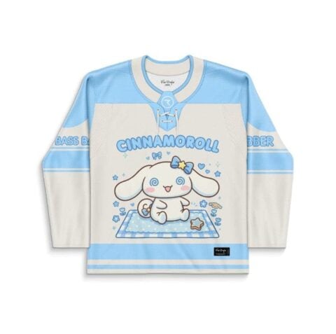 Blue-and-cream kawaii cartoon puppy illustration on a lace-up hockey jersey, front view