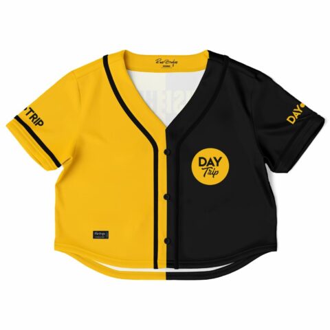 Front view of the black and yellow rave cropped baseball jersey with color block halves