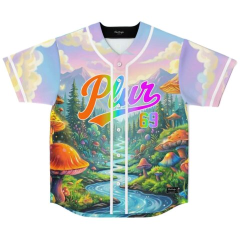 Colorful rainbow bear rave baseball jersey with vibrant landscape and bear graphic, front