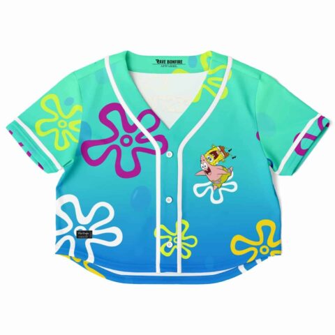 Aquatic floral rave cropped baseball jersey with bright aquatic colors and cartoon flowers