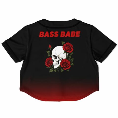 Skull and rose rave cropped baseball jersey with skull, roses, and bass-themed lettering, back view