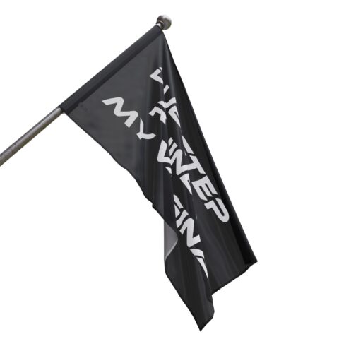 Black dubstep slogan rave flag mounted on a pole, folded angled view of the white DUBSTEP RUINED MY VAGINA text