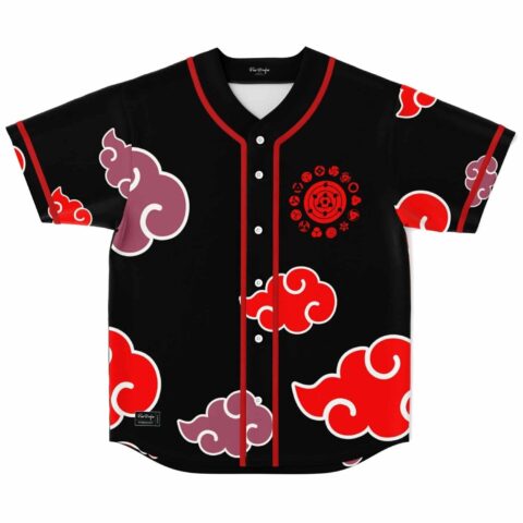 Anime-inspired red cloud pattern jersey, button front, small eye emblem, front view on white