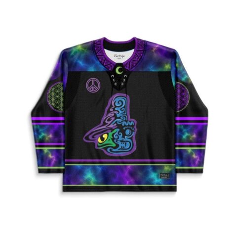 Black cosmic peace symbol rave hockey jersey with colorful cosmic patterns, front view