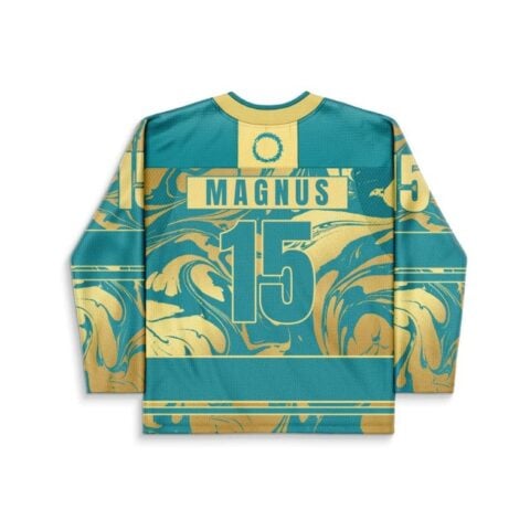 Liquid marble swirl back view in teal and gold, with readable “MAGNUS” and number 15