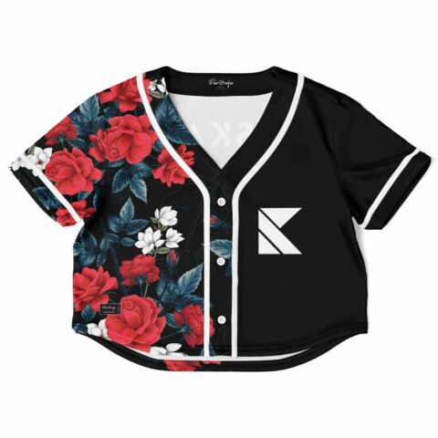 Black floral rave cropped baseball jersey with flower pattern