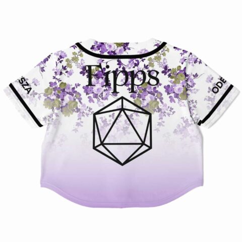 Lavender floral rave cropped baseball jersey with flowers and geometric shapes