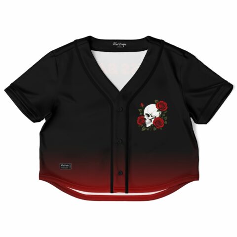 Skull and rose rave cropped baseball jersey in black with red gradient