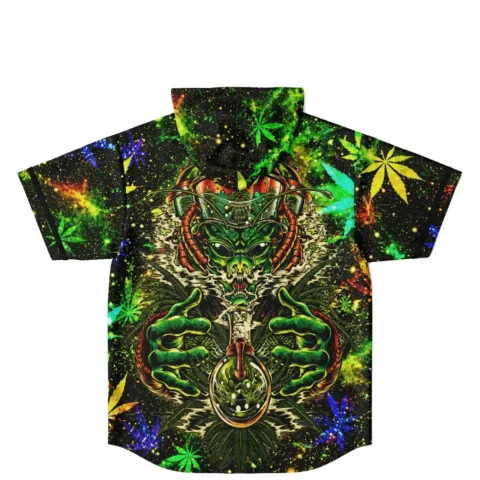 Cosmic cannabis galaxy jersey front with neon leaf print, hood, buttons, and green alien illustration