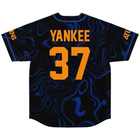 Back view of black and blue marbled rave baseball jersey with custom name and number in orange lettering