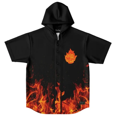 Flame-print front with “GOOD NOT A LONG TIME” chest graphic on hooded jersey