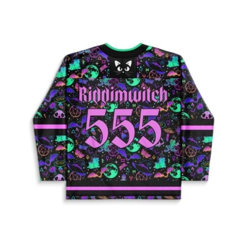 Occult neon collage jersey featuring “Riddimwitch” and 555, back view on white background