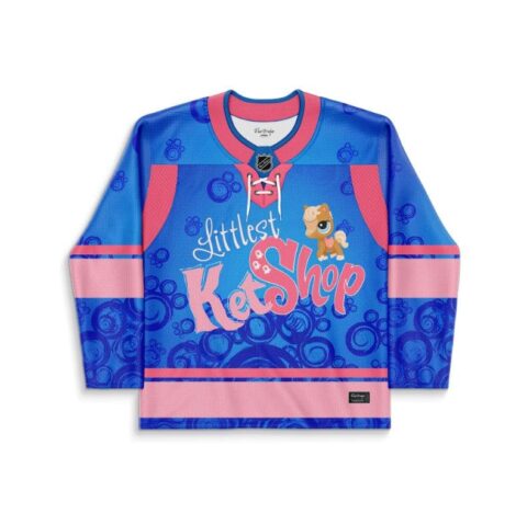 Blue and pink cartoon pony pattern, script lettering, front view of rave hockey jersey