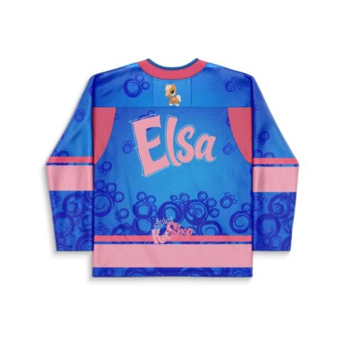Blue and pink cartoon pony pattern, large pink name lettering, back view of rave jersey
