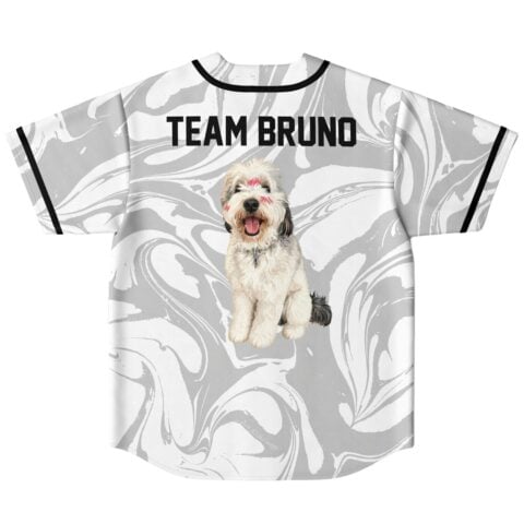 White marble swirl jersey back with “TEAM BRUNO” and fluffy dog artwork displayed flat