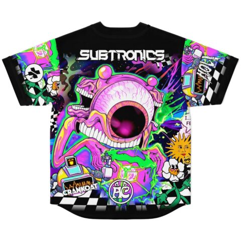 Subtronics text above pink eyeball monster and a second logo on black rave baseball jersey, back view