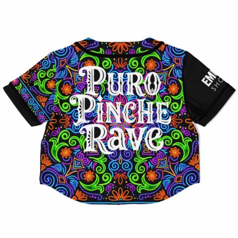 Neon mandala rave cropped baseball jersey back view with Puro Pinche text on black