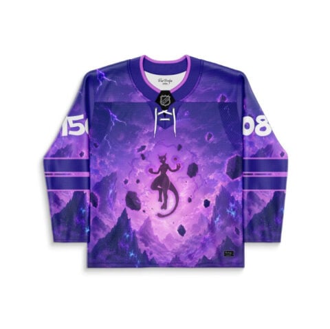 Purple psychic cat silhouette jersey with floating rocks and lightning, front view on white background