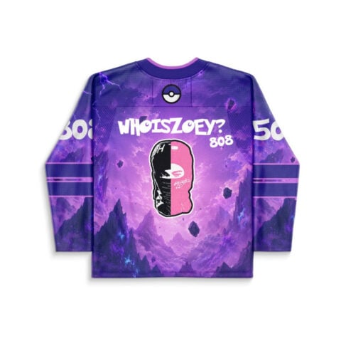 Purple cosmic mountain jersey back featuring “WHOISZOEY?” and pink-black masked figure, studio view