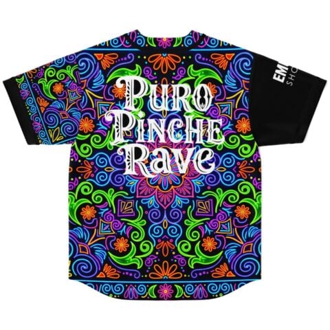 Neon talavera swirl jersey, back view with “PURO PINCHE RAVE” text, displayed against white