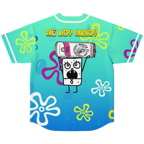 Aqua doodle cartoon rave baseball jersey — aqua-to-blue gradient with sea flowers and a scribbled cartoon character on the chest