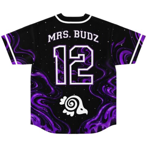 Black purple liquid marble rave baseball jersey — purple smoke swirls on a starry black background with white trim
