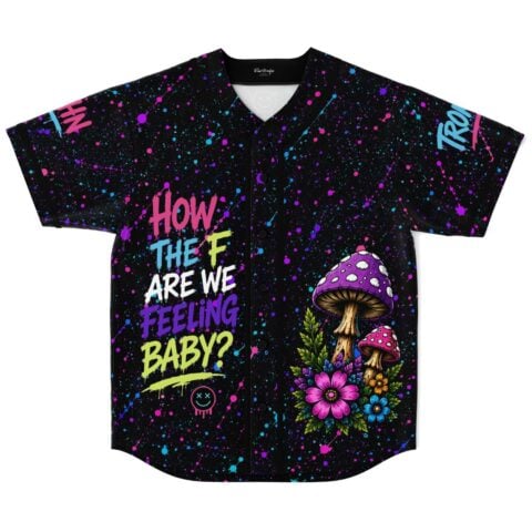 Johntronics rave baseball jersey — psychedelic amanita, black