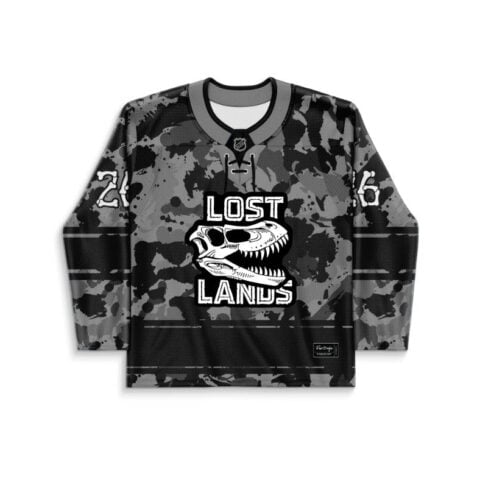 Lost Lands rave hockey jersey — monochrome camouflage, grayscale — – back view