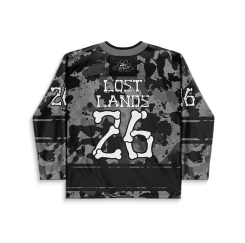 Lost Lands rave hockey jersey — monochrome camouflage, grayscale —