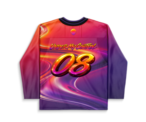rave hockey jersey — flowing liquid, sunset gradient – back view