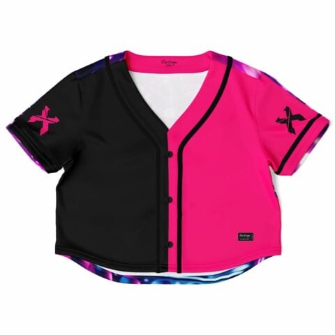 cropped rave baseball jersey — split block, half black – back view