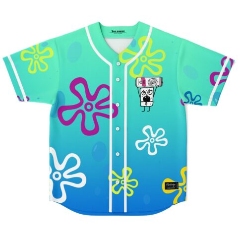 Aqua doodle cartoon rave baseball jersey back view — large scribbled cartoon character holding a can over its head among sea flowers