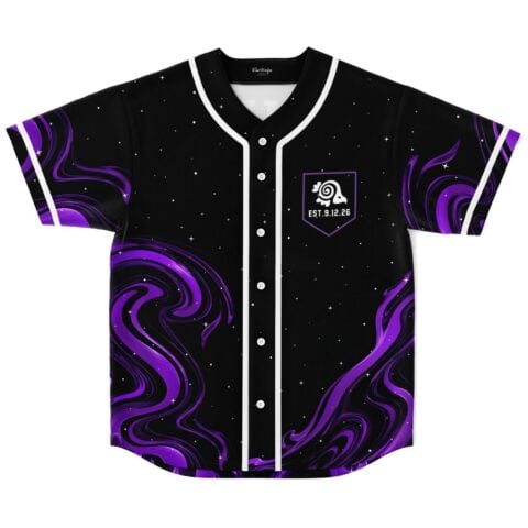 Purple liquid rave baseball jersey, black with violet marble swirls and a custom name and number – back view