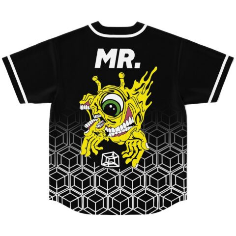 Subtronics fan rave baseball jersey, black fading to white cube gradient with the cyclops logo on the chest – front