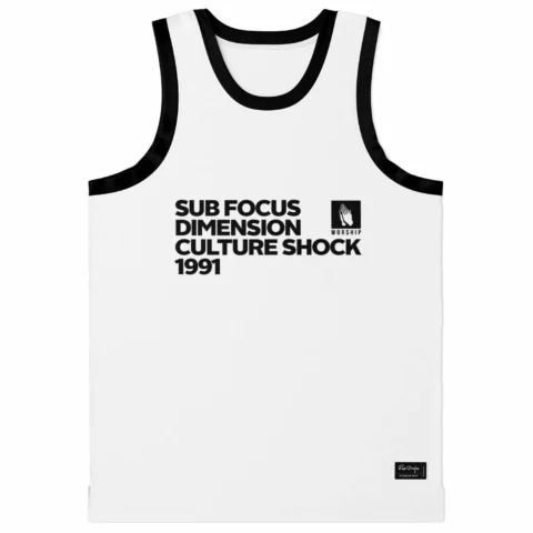 Sub Focus rave basketball jersey — minimal text, white