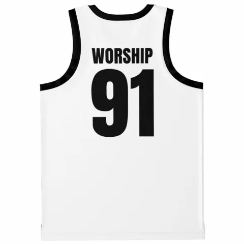 Sub Focus rave basketball jersey — minimal text, white – back view
