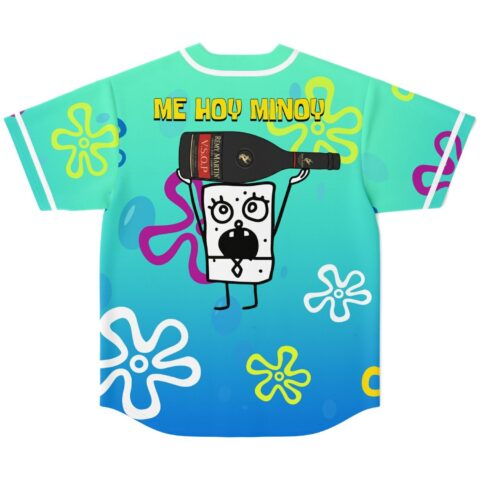 Teal doodle character rave baseball jersey — teal-to-blue gradient with sea flowers and a scribbled cartoon character