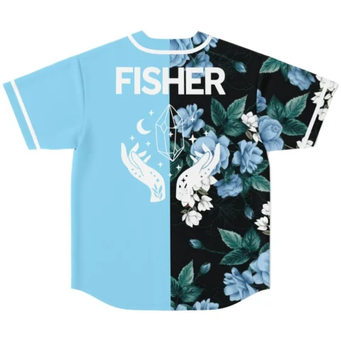 FISHER rave baseball jersey — split, light sky – back view