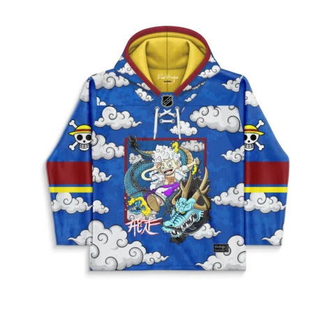 Front view of blue anime hockey jersey with cloud print, dragon graphic, Japanese text, and straw hat skull sleeve patches