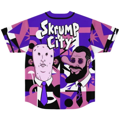 Back view of purple and pink custom cartoon baseball jersey with Skrump City text print and two caricature faces
