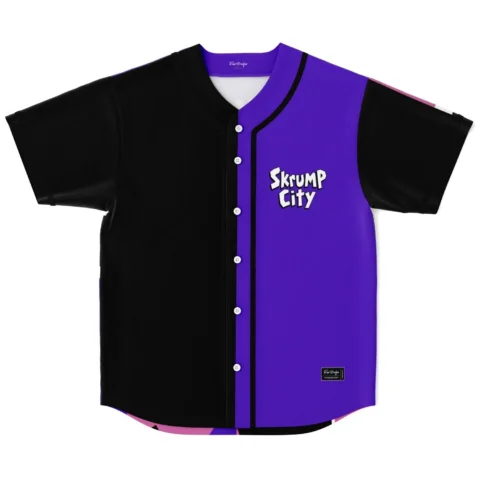 Front view of black and purple button-up cartoon baseball jersey with Skrump City chest logo